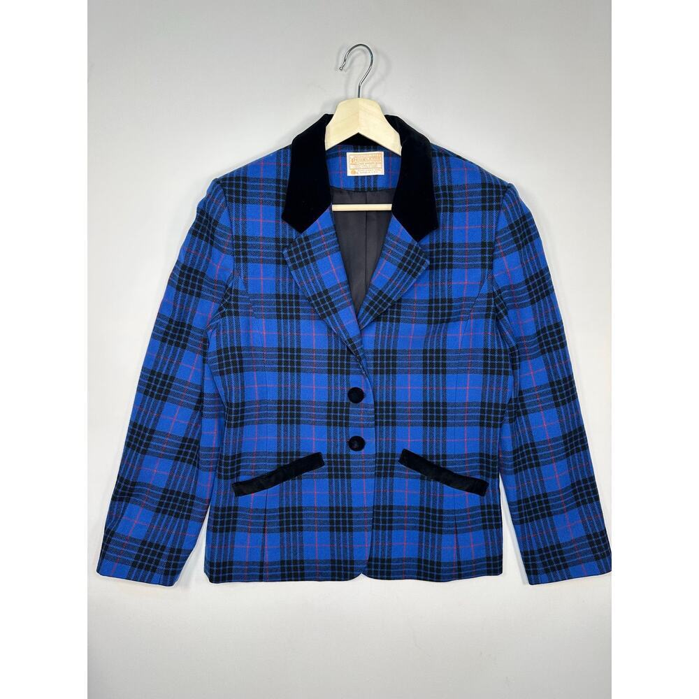 Vintage 1990’s Blue and Black Wool Plaid Blazer Jacket w/ Velvet Collar Size 10